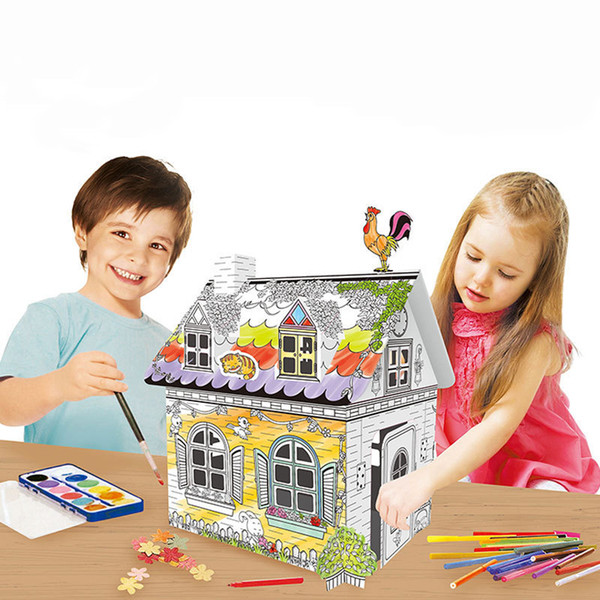 DIY Mini Rural House Children Paper House Kid Hand Painted Graffiti Foldable Cardboard Play House Toys Gifts