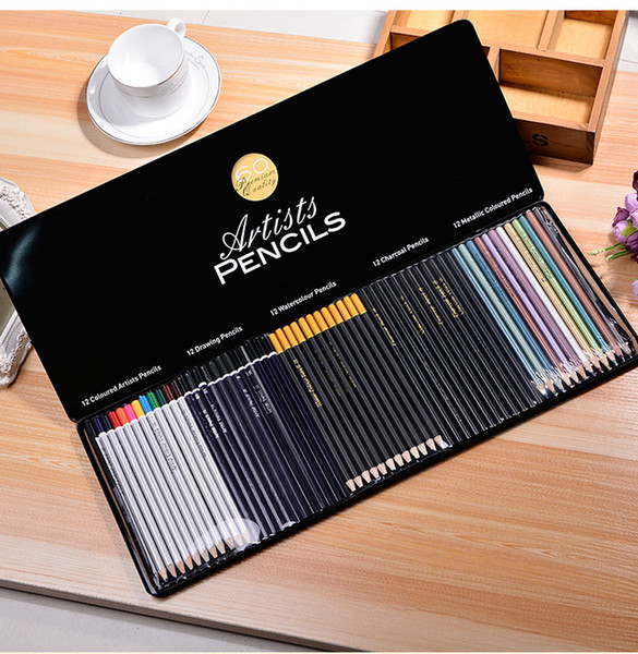 Professional Wooden Colored Artists Pencils Drawing Watercolor Metallic Charcoal for Adults Premium Set of 60 Pencil Art Tin Box