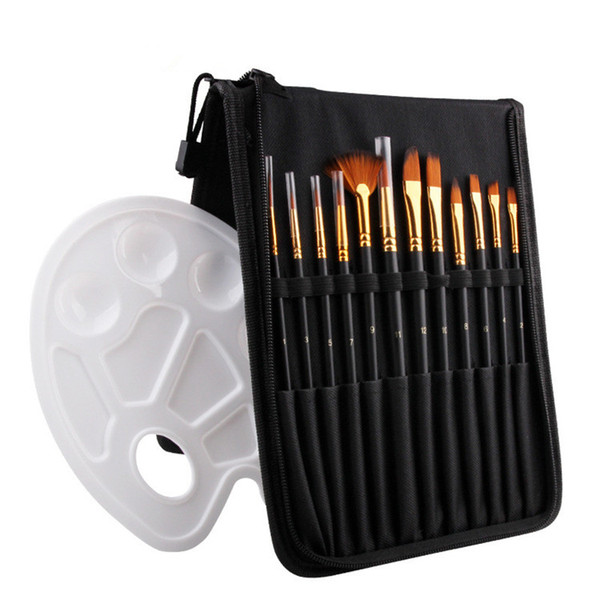 12pcs Nylon Hair Wooden Handle Watercolor Paint Brush Pen Set For Learning Diy Oil Painting with Palette Art Paint Brushes Supplies