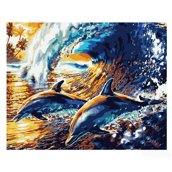 Hot sale diy oil painting number oil painting white canvas cloth three standard pen sea waves dolphin seashore colorful attractive picture