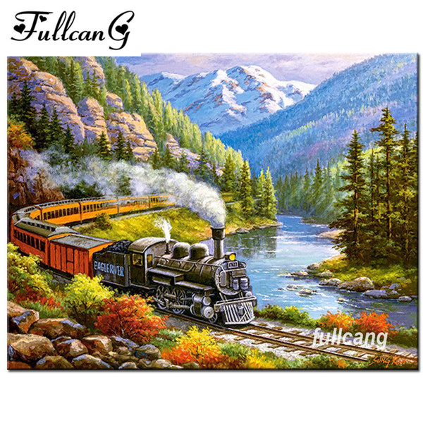 FULLCANG Full Square Needlework Diamond Embroidery Train Scenery DIY 5D Diamond Painting Cross Stitch Mosaic Kits F589