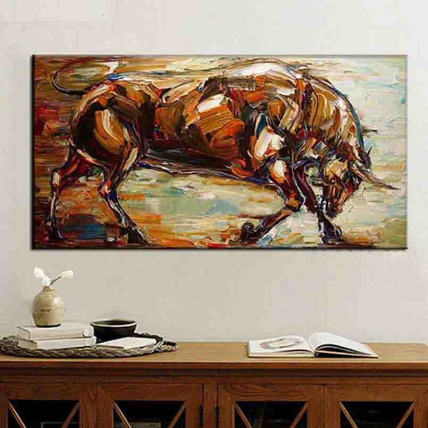 Unframed hand painted office canvas wall art fighting bull oil painting on canvas Bullfighting wall paintings