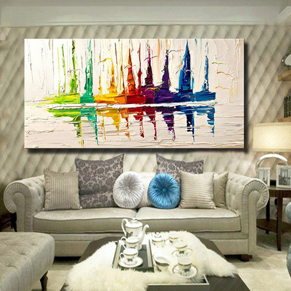 100% Hand Painted Scenery Oil Painting Modern Abstract Color Sailboat Home Wall Decoration