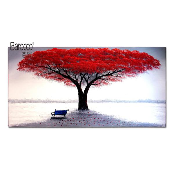 Hand Painted Landscape Abstract Oil Painting Red Leaves Tree Modern Wall Art Decora Home Living Room Bedroom