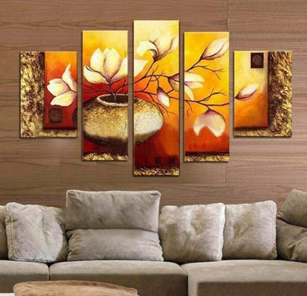 Modern Canvas Wall Art Hand-painted Golden Bottle Elegent Flowers Home Decoration Floral Oil Paintings on Canvas 5pcs/set