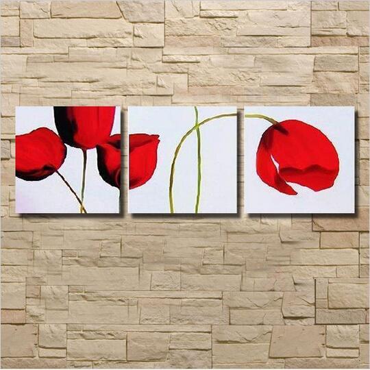 100% Hand-painted Oil Paintings 3 peice Abstract Red Flower Oil Painting Wall Picture For Living Room Painting On Canvas Art