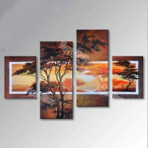 4 Pieces pure hand painted landscape oil painting on thick canvas pine tree painting modern home wall art decoration gift