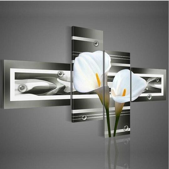 Moder hand-painted wall art white lily home decoration Flowers oil painting on canvas 4pcs/set