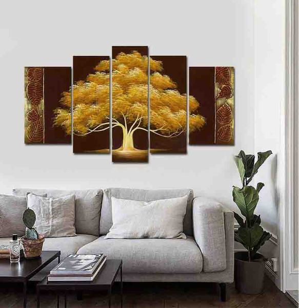 Hand Painted autumn Tree Oil Painting yellow brown Abstract Modern Canvas Wall Art Living Room Decor landscape Painting 5pcs