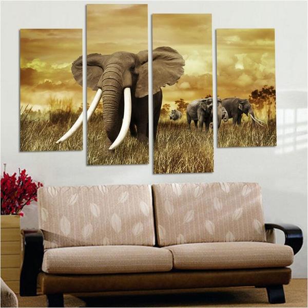 New 4 Pieces Africa Elephant Scenery Painting Modern HD Print Animal Painting on Canvas Home Wall Art Decration