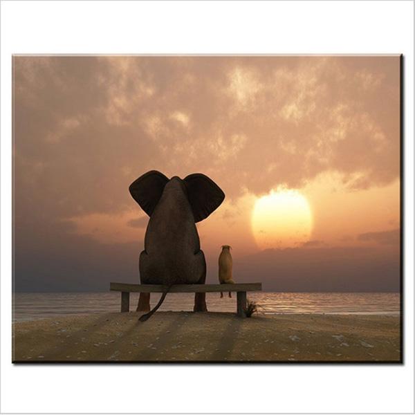 Elephant dog watch the sunset painting HD print landscape painting on canvas modern fashion home decoration wall art picture