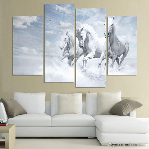 4 Panel Canvas Art Canvas Painting White Horses Running HD Printed Wall Art Poster Home Decor Picture for Living Room XA138B