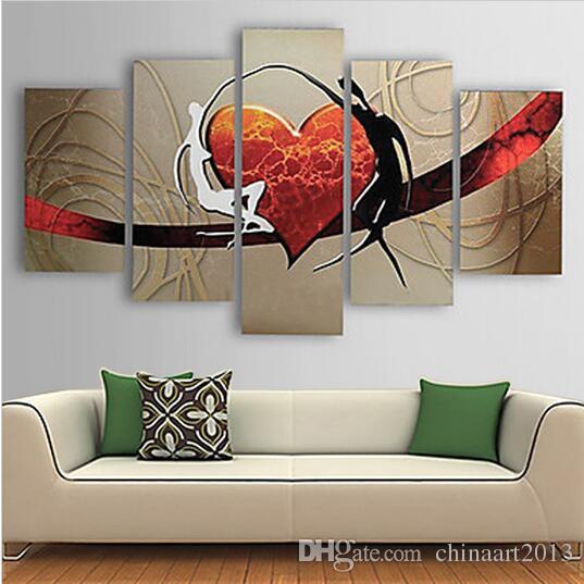 5 Pieces Pure Hand Painted Abstract Heart Oil Painting on Canvas Modern Home Wall Art Decoration Gift