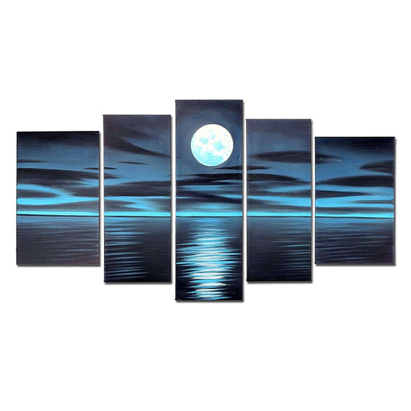 VASTING ART 5-Panel 100% Hand-Painted Oil Paintings Full Moon Seascape Deep Blue Peaceful Modern Abstract Sea Artwork Ready Hang Home Decora