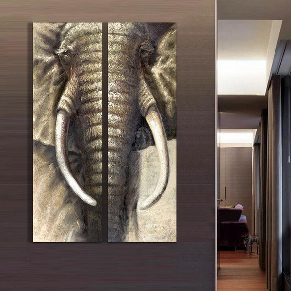 Free Shipping 2pcs/set Hand-painted Elephant Oil Painting Canvas wall art pictures for living room Mural Paintings