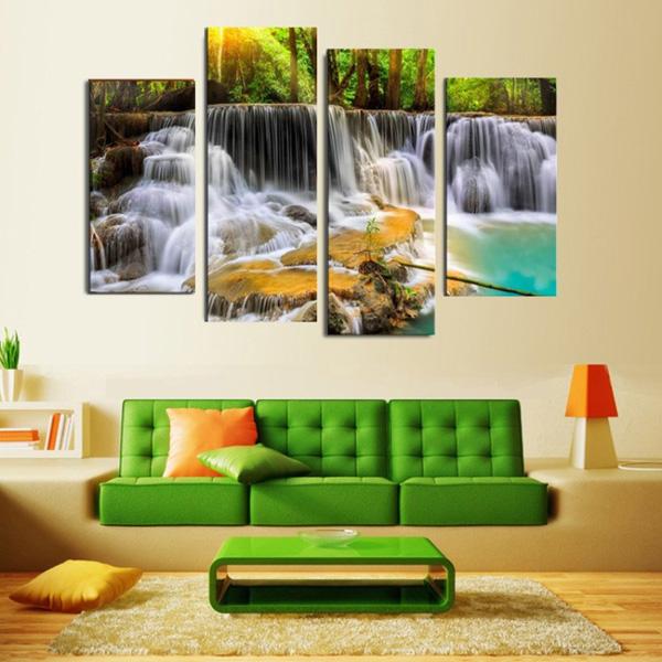 4 Panel the Waterfall With Tree Large Landscape Oil Painting HD Print Painting on Canvas Modern Home Living Room Wall Decoration