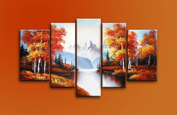 unframed Hand Painted Oil Paintings on Canvas Autumn Golden Trees River Landscape 5pcs/set Bundle Modern Art