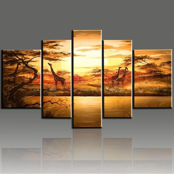 No framed 5pcs/set Hand-Painted Wall Art African Forest Giraffes Parede Sala Estar Modern Hand Painted Oil Painting On Canvas