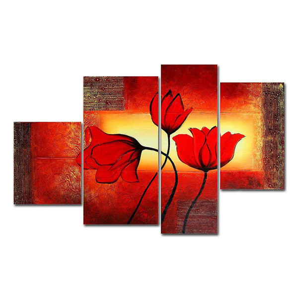 4pcs/set 100% Hand-Painted Oil Paintings Flora Plant Flower Lily Modern Abstract Canvas Living Room Office Wall Art Home Decoration