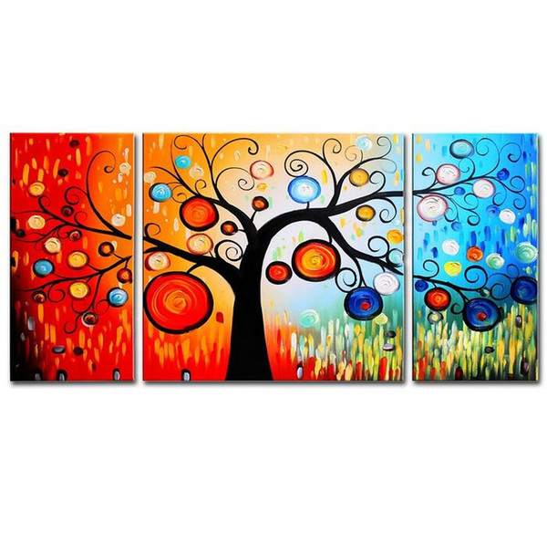 100% Hand-Painted Oil Paintings Panels Stretched Framed Ready Hang Colorful Tree Flora Ring Circle Living Room Wall Art Home Decoration