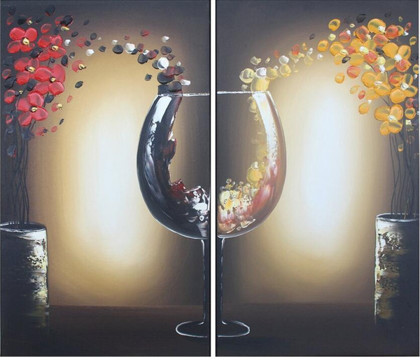 unframed Hand Painted Mordern Oil Paintings Color Mosaic Wineglass 2pcs/set for Living room, bedroom Home decoration