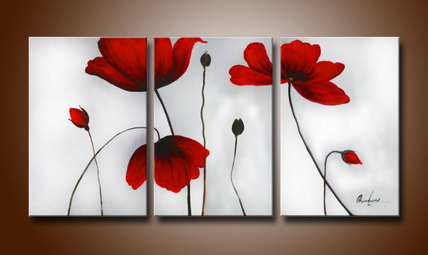 Hand Painted Abstract Oil Paintings Fiery-red Blooming Flowers 3 pcs/set Wood Framed Inside For Living Room Art Work Home Decoration