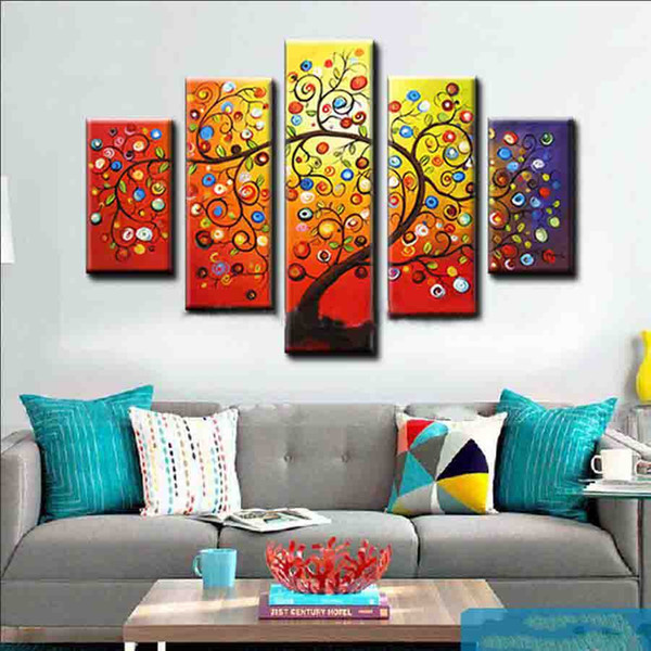 Colorful decorative blight tree 5pcs/set wall art painting hand painted canvas picture living room wall decor