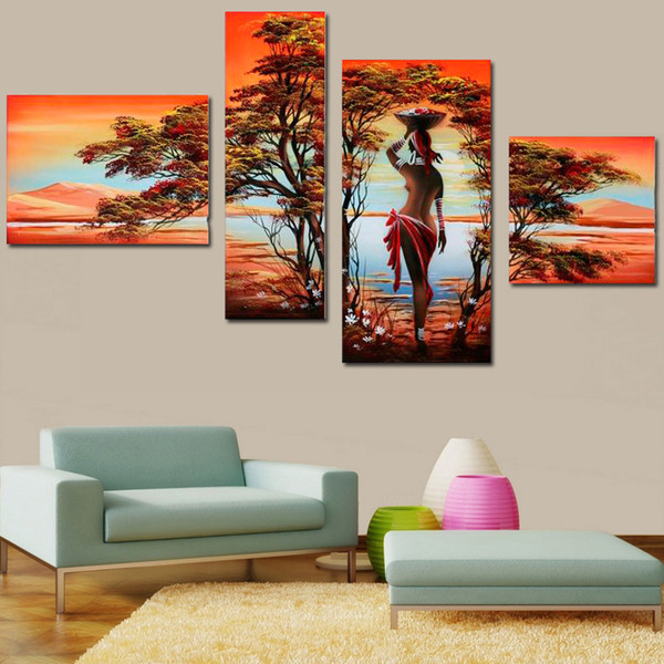 African Modern Abstract Oil Painting Nude Sexy Nude Women Tree On Canvas 4 Panel Art Set Home Wall Decorative For Living Room