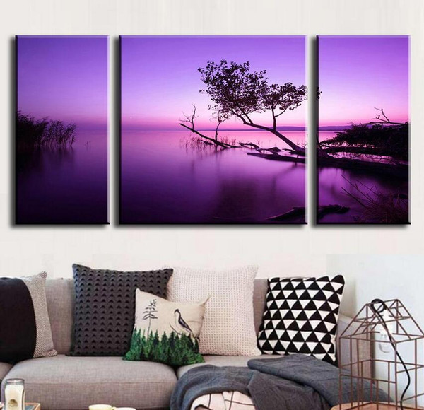 3 Pcs/Set Abstract Oil Painting Modern Canvas Wall Art Picture Combined Paintings Purple Lake Unframed Canvas Painting