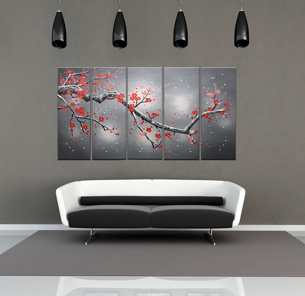 100% Hand Painted Oil Paintings Gift Plum Flowers 5 Panels Wood Inside Framed Hanging Wall Decoration