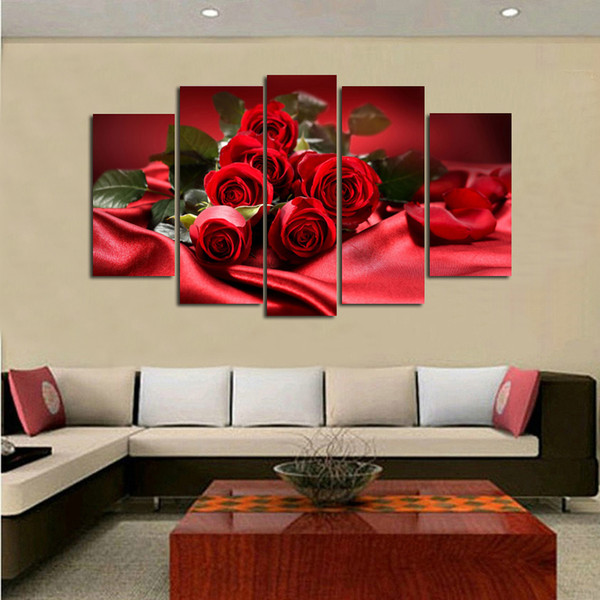 5 Pieces modern fashion HD print pictures romantic red rose oil painting on canvas home decoration for living room bedroom