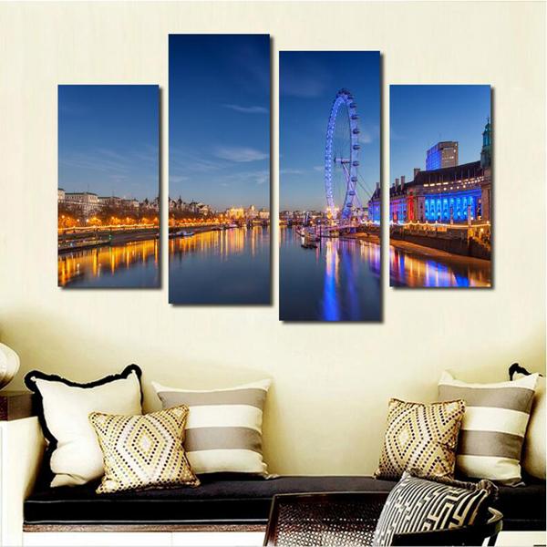 Night of seaside cityscape painting 4 Pieces HD print scenery painting on canvas modern fashion wall art decoration home