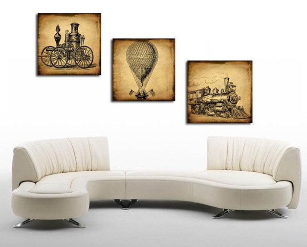 3 Panels of bikes fire balloon and train paintings for sofa background Decorative HD painting high quality free shipping