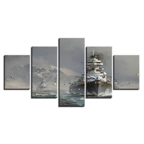 (No Frame) 5 Panles Ship Snow Mountain Landscape Poster Giclee Canvas Prints Painting for Office Home Decoration