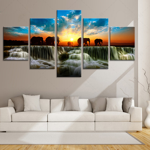 5 piece canvas art HD Print Free Shipping Twilight Waterfall Elephant MODULAR PICTURES home decoration nordic modern wall picture unframed