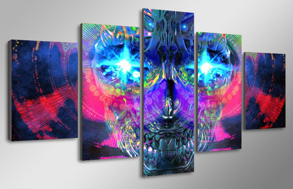 Abstract 5 Panels Psychedelic Skull Oil Painting Artistic Colorful Skull for Home Wall Decor Canvas Picture Halloween Gift Unframed