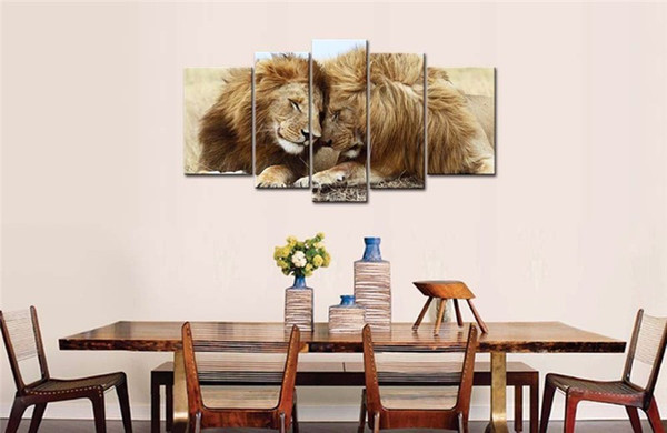 New Wholesale 5 panels of two intimacy lions canvas wall painting lovers lion for decor high quality pictures free shipping