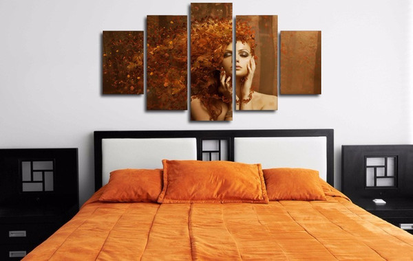 Wholesale New Abstract Autumn Leaves on The Beautiful Girl Hair Paintings Art Wall Spray Pictures for Bar Decor Unframed