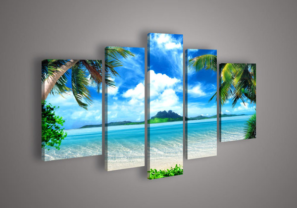 Big living room home decor Wall Art Picture printed Azure Sky Ocean White Clouds Coconut tree Painting on Canvas art no frame