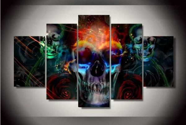 5 Pieces Colorful abstract skull canvas wall painting for home decor the good product for clientele HD high quality wall pictures