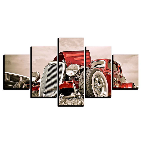 Vintage Decor LARGE 60x32 5Panels Art Canvas Print Hot Rod Red Front View Wheels Paintings Car Poster Wall Home Decor interior (No Frame)