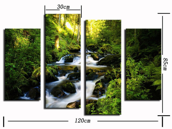 4 panel Big Waterfall With Green Tree Landscape Large HD Picture Modern Home Wall Decor Canvas Print Painting For House Decoration No Frame