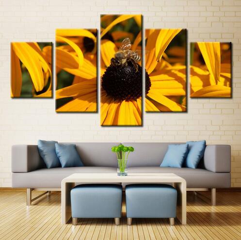 5 Panels Beautiful Bee on Flower Oil Painting Landscape Painting for Living Room Wall Art Picture Home Decoration Landscape Oil Painting