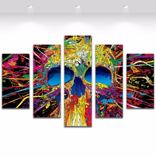 5 Panel Wall Art Canvas Prints Colorful Skull Paintings Wall Pictures for Living Room Modern Home Decoration Unframed