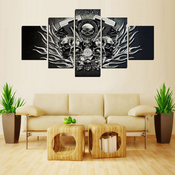 5 Pieces Canvas Print Harley Skull Painting for Living Room Wall Art Picture Gift for Home Decoration No Frame