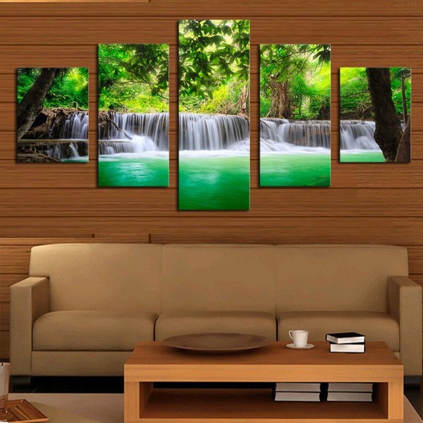 Unframed 5 Panels Green Waterfall Scenery Canvas Print Oil Painting Modern Canvas Wall Art for Wall Picture Home Decor Artwork Free Shipping