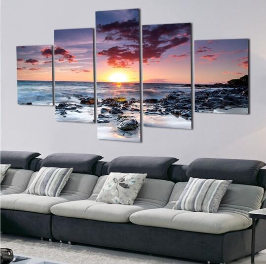 5 Piece Wall Art Canvas Sunset Sea Wall Art Picture Canvas Oil Painting Home Decor Wall Pictures for Living Room No Framed