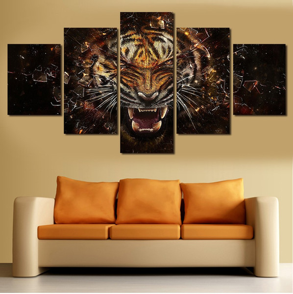 5 Pieces Abstract big tiger paintings five panels HD canvas wall painting for sofa background high quality free shipping