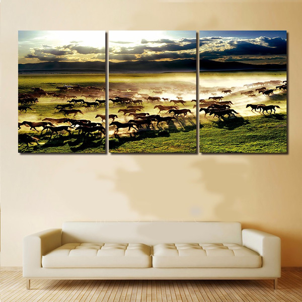 Modern horses running three panels pictures beautiful landscape for home decoration HD canvas painting no frame free shipping