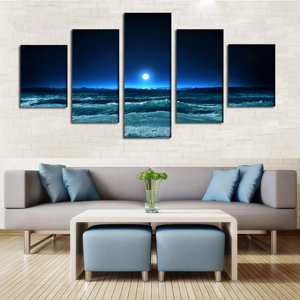 2016 New moon light sea night waves art oil painting For Wall Art Picture Unframed gift free shipping